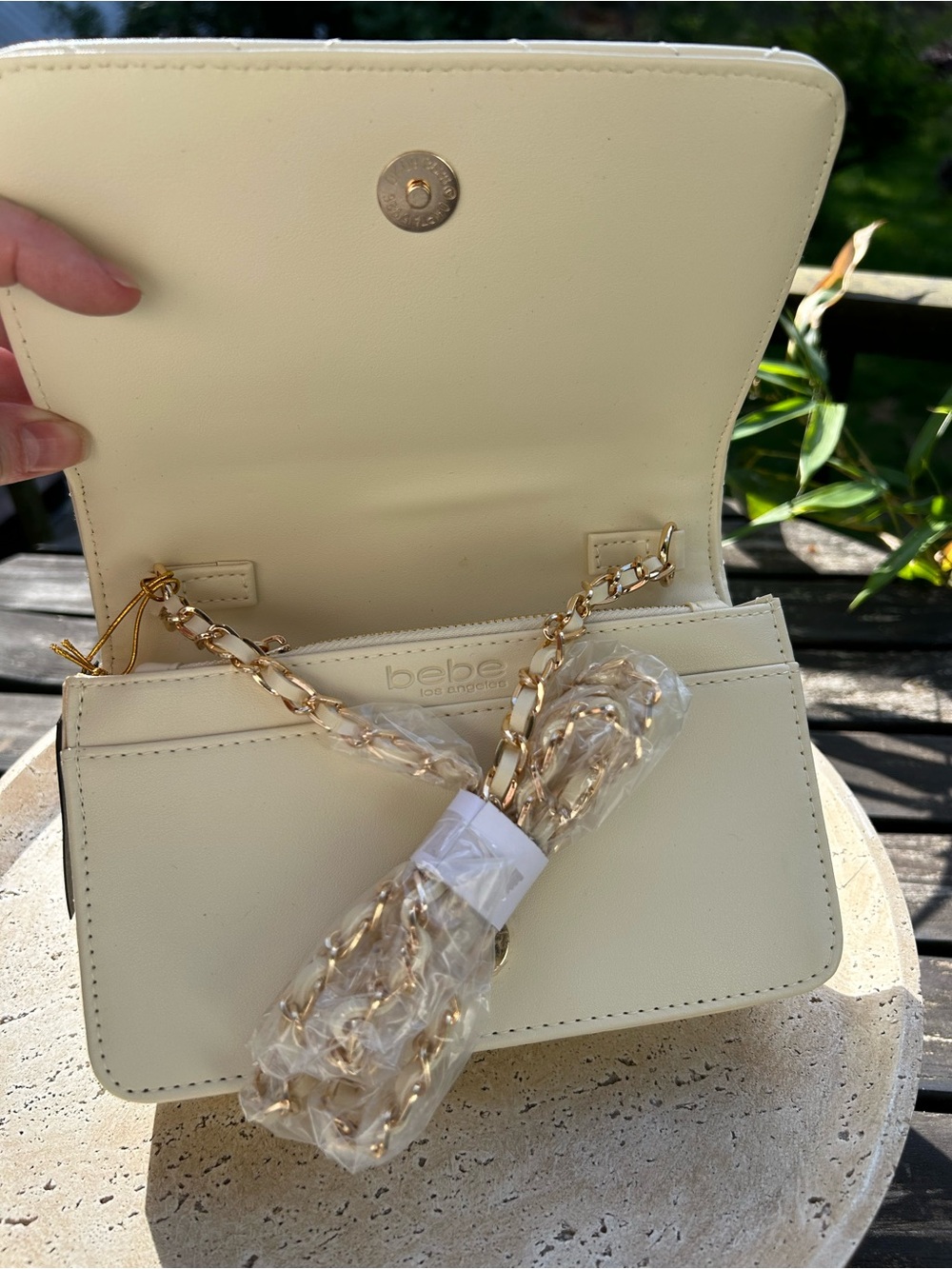bebe Sophia Quilted Cream Crossbody Bag with Gold Plaque - Picture 5 of 9